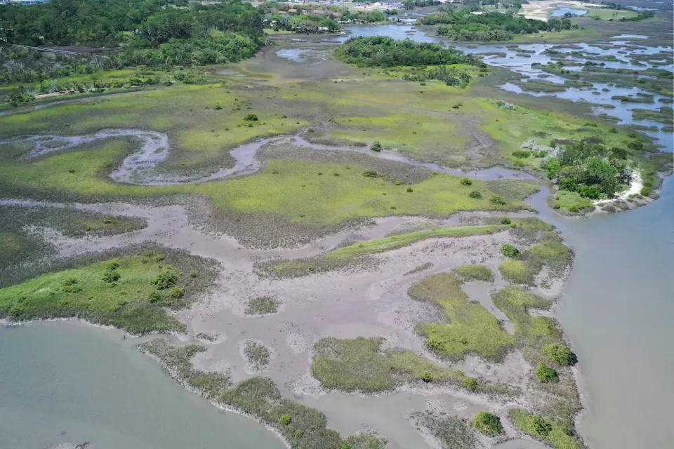 Aerial view of marshy land at Fort Mose State Historic Park in Florida.